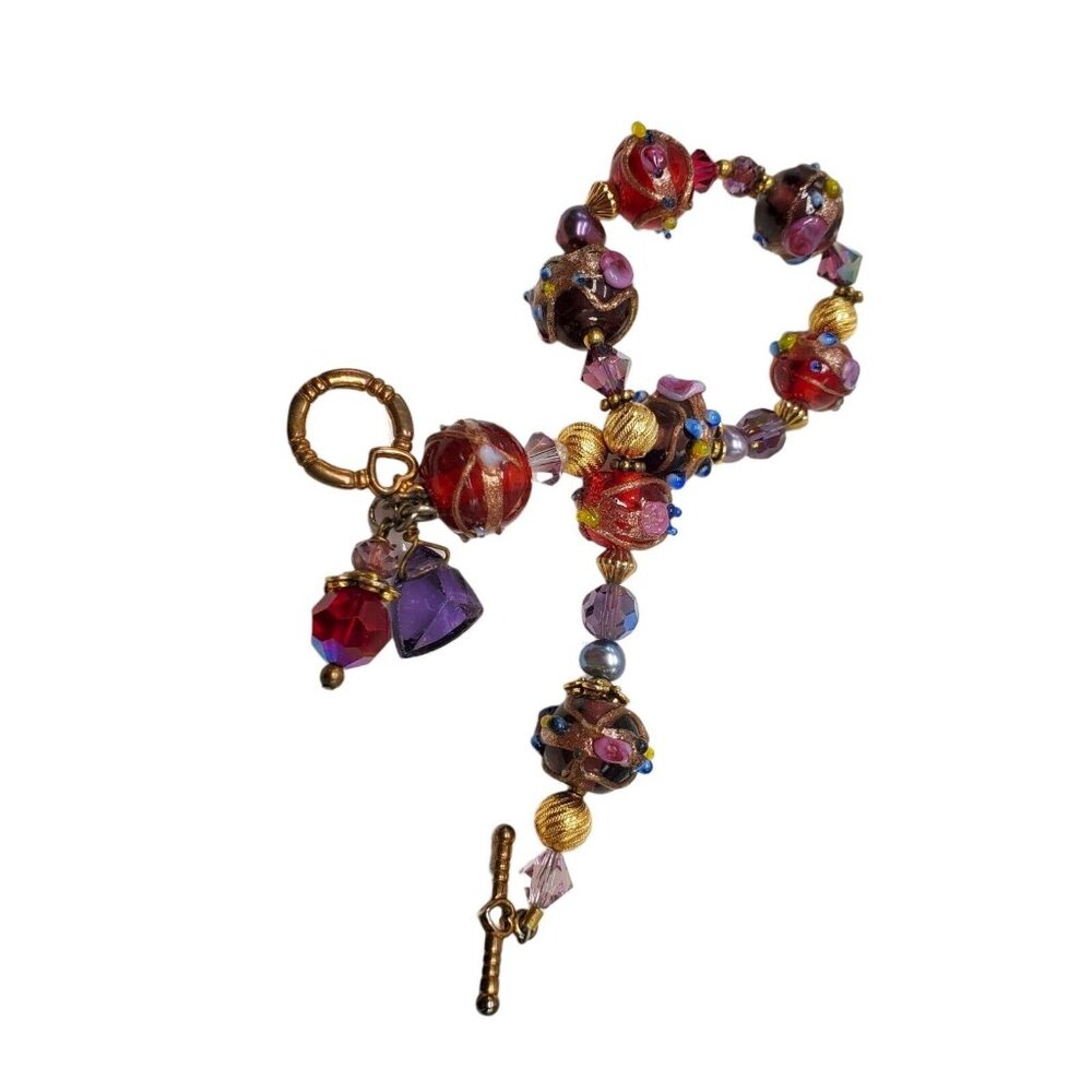 Artisan Wedding Cake Glass Bead Bracelet 22k Gold Filled Hand Blown Toggle Clasp - Picture 13 of 16